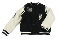 Černo-smetanová flaušovo/koženková podšitá baseballová bunda s čísly 
