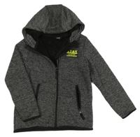 Tmavošedá melírovaná pletená propínací zateplená mikina s nášivkou a kapucí Y.F.K.