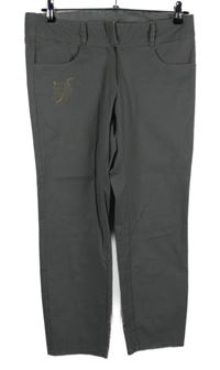 Dámské hnědé proužkované capri kalhoty s výšivkou 