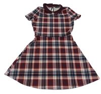 Černo-bílo-mahagonové kostkované šaty s límečkem New Look