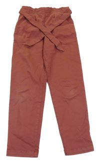 Růžovo-hnědé paper bag kalhoty s páskem 
