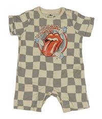 Šedo-smetanový kostkovaný overal s jazykem a nápisem - the Rolling Stones