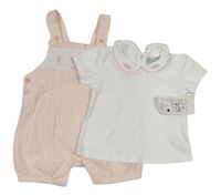 2set - Růžovo-bílé proužkované krepové laclové kraťasy + bílé tričko s límečkem 
