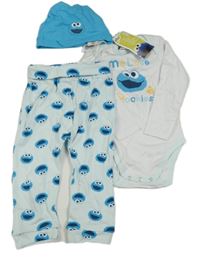 Nové - 3set - Světlemodré tepláky + body + čepice - Sesame street 