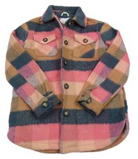 Růžovo-tmavomodro-hnědá kostkovaná košilová bunda Primark