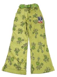 Nové - Zelené květované flare manšestráky s páskem 