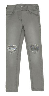 Světlešedé džegíny se srdíčky z flitrů C&A