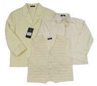 Nové - 3 set - smetanové společenské sako + vzorovaná vesta + smetanová košile 