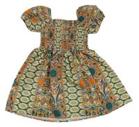 Zeleno-oranžové vzorované šaty se žabičkováním Shein