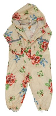 Nové - Smetanová květovaná šusťáková nepromokavá kombinéza s kapucí 