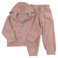 2set - Světlerůžová sametová žebrovaná propínací mikina s kapucí + tepláky Nutmeg