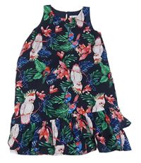 Tmavomodro-barevné květované šaty s papoušky H&M