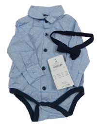 Nové - Modro-bílé pruhované košilové body + motýlek Dopodopo