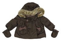 2set - Kávová šusťáková zimní parka s kapucí + rukavice + rukavice 