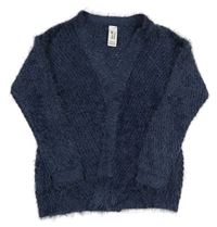 Tmavomodrý chlupatý ažurový svetrový cardigan C&A