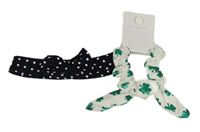 Nová - 2Set - Tmavomodrá čelenka s bílými hvězdičkami a mašlí Peacocks + bílá gumička s trojlístky PRIMARK