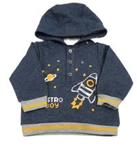 Tmavomodro-šedá melírovaná mikina s raketou a planetou a kapucí