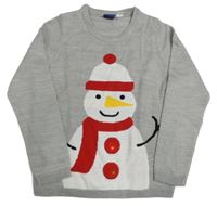 Světlešedý melírovaný pletený svetr se sněhuláčkem a blikátkem lupilu