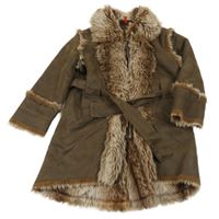 Hnědý semišový kabát s kožešinou a páskem catimini