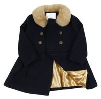 Tmavomodrý flaušový podšitý kabát s kožešinovým límečkem F&F