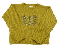 Okrovoolivový svetr s motýlkem Vertbaudet