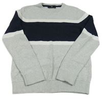 Šedo-bílo-tmavomodrý melírovaný žebrovaný svetr s pruhy C&A