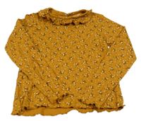 Medové žebrované triko s kytičkami a volánkem Vertbaudet