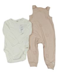 Nové - 2Set - Pudrové žebrované laclové tepláky s medvídky + bílé body F&F