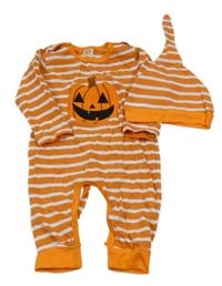 2Set - Oranžovo-bílý pruhovaný overal s dýní + čepice 