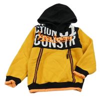 Hořčicovo-černá teplá mikina s nápisy a kapucí POPOLIN