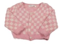 Růžovo-světlerůžový kostkovaný chlupatý propínací svetr SHEIN