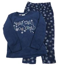 Tmavomodré fleecové pyžamo s nápisy a vločkami lupilu