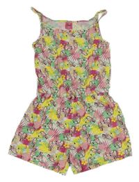 Bílo-zeleno-žluto-růžový letní overal s tukany a lístečky a ananasy Kiki&Koko