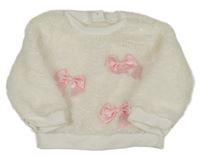 Smetanová chlupatá mikina s růžovými mašlemi SHEIN