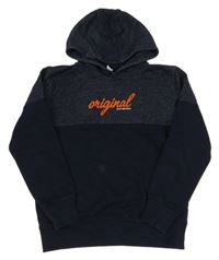 Tmavomodro-melírovaná mikina s nápisem a kapucí YIGGA