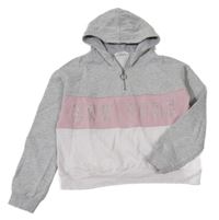 Šedo/melírovano-starorůžovo-bílá crop mikina s nápisem a kapucí H&M