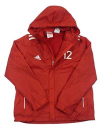Červená šusťáková sportovní bunda s pruhy a číslem s kapucí Adidas