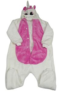 Bílo-tmavorůžová chlupatá kombinéza s kapucí - jednorožec