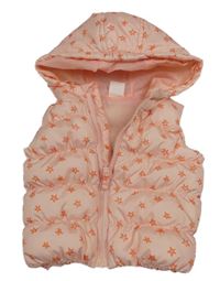 Růžová šusťáková zateplená vesta s hvězdami a kapucí Hema