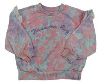 Růžovo-levandulovo-tyrkysová batikovaná mikina s nápisem a volánky Primark