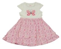 Smetanovo-růžové bavlněné šaty s motýlem a květinami Topolino