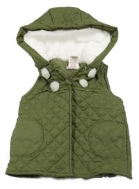 Khaki prošívaná šusťáková zateplená vesta s bambulemi a kapucí Max Studio