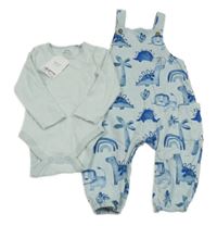 Nové - 2set - Světlemodré laclové tepláky se zvířaty + pruhované žebrované body Next