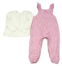 2set - Růžové květované manšestrové laclové kalhoty s volánky + bílé triko Dunnes