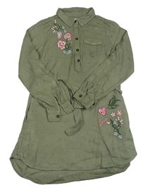 Khaki košilové šaty s výšivkami květů a páskem H&M