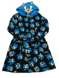 Černo-modrý plyšový župan se Sonicem a kapucí 