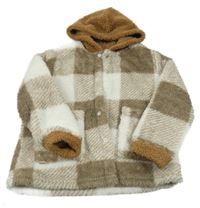 Hnědo-bílá kostkovaná chlupatá košilová bunda s kapucí Shein