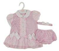 Nové - 3set - Růžovo-bílé pruhované šaty s mašlemi + kalhotky pod šaty + čelenka s mašlí 