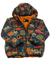 Tmavomodrá šusťáková zimní bunda s auty a kapucí Next