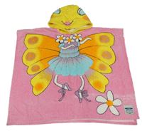 Růžové froté osuškové pončo s motýlem a kapucí